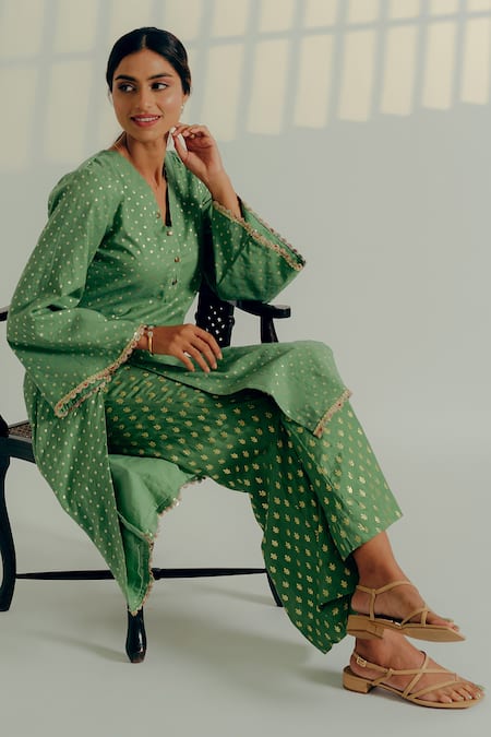 Buy_Aaryaa By Kashveen Kohli_Green Chanderi, Silk Sequins, Foil Brocade Front Slit Kurta With Palazzos _Online_at_Aza_Fashions