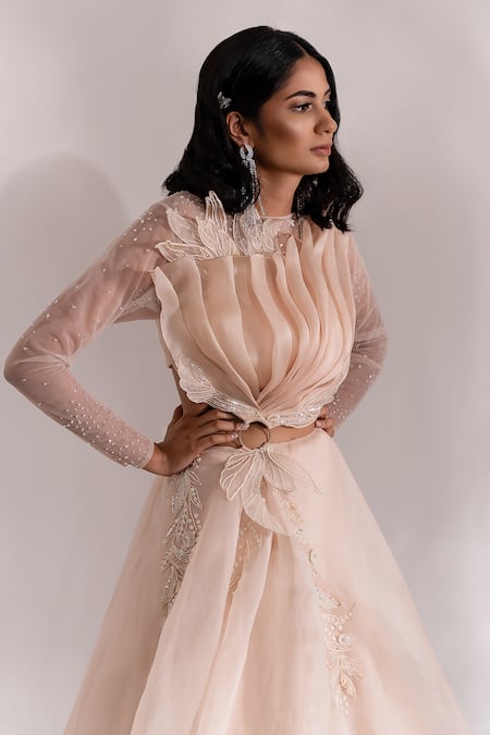 Shop PIRI INDIA Beige Organza, Chanderi, Georgette Sequins Boat Neck Doll Applique Cut-out Gown Online at Aza Fashions Shop_PIRI INDIA_Beige Organza, Chanderi, Georgette Sequins Boat Neck Doll Applique Cut-out Gown _Online_at_Aza_Fashions