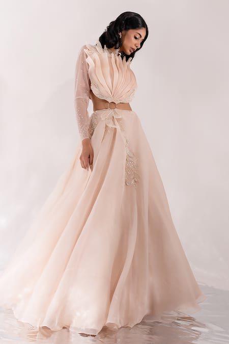 PIRI INDIA Beige Organza, Chanderi, Georgette Sequins Boat Neck Doll Applique Cut-out Gown at Aza Fashions PIRI INDIA_Beige Organza, Chanderi, Georgette Sequins Boat Neck Doll Applique Cut-out Gown _at_Aza_Fashions