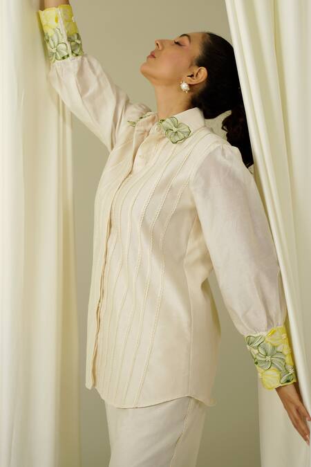 Shop Sakshi Khetterpal Ivory Chanderi Beads, Pearls, Embroidery Collared Lace Work Shirt And Pant Set Online at Aza Fashions Shop_Sakshi Khetterpal_Ivory Chanderi Beads, Pearls, Embroidery Collared Lace Work Shirt And Pant Set _Online_at_Aza_Fashions