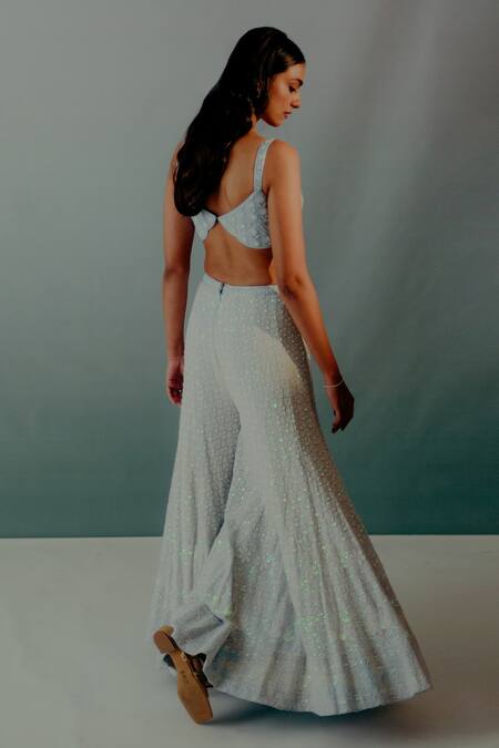 Aaryaa By Kashveen Kohli Sky Blue Georgette Pearls, Sequins Lucknowi Embroidered Cape Sharara Set Online at Aza Fashions Aaryaa By Kashveen Kohli_Sky Blue Georgette Pearls, Sequins Lucknowi Embroidered Cape Sharara Set _Online_at_Aza_Fashions