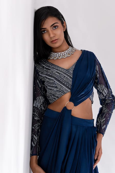 Buy PIRI INDIA Blue Satin, Tulle, Silk Sequins, Cut Amaya Lehenga Saree With Embroidered Blouse Online at Aza Fashions Buy_PIRI INDIA_Blue Satin, Tulle, Silk Sequins, Cut Amaya Lehenga Saree With Embroidered Blouse _Online_at_Aza_Fashions