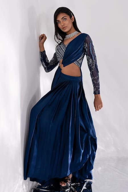 Shop PIRI INDIA Blue Satin, Tulle, Silk Sequins, Cut Amaya Lehenga Saree With Embroidered Blouse Online at Aza Fashions Shop_PIRI INDIA_Blue Satin, Tulle, Silk Sequins, Cut Amaya Lehenga Saree With Embroidered Blouse _Online_at_Aza_Fashions