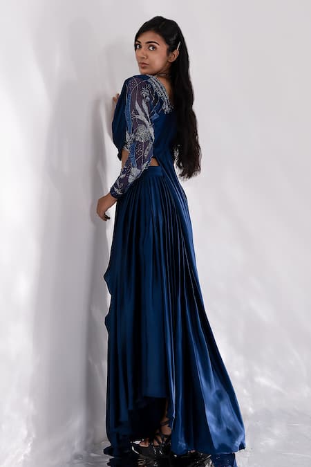PIRI INDIA Blue Satin, Tulle, Silk Sequins, Cut Amaya Lehenga Saree With Embroidered Blouse at Aza Fashions PIRI INDIA_Blue Satin, Tulle, Silk Sequins, Cut Amaya Lehenga Saree With Embroidered Blouse _at_Aza_Fashions