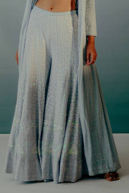 Shop Aaryaa By Kashveen Kohli Sky Blue Georgette Pearls, Sequins Lucknowi Embroidered Cape Sharara Set Online at Aza Fashions Shop_Aaryaa By Kashveen Kohli_Sky Blue Georgette Pearls, Sequins Lucknowi Embroidered Cape Sharara Set _Online_at_Aza_Fashions