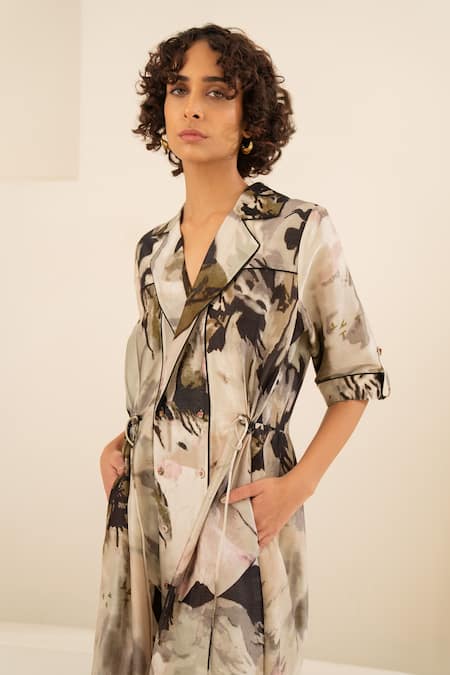 Arcvsh By Pallavi Singh_Grey Chanderi Embroidery Collared Floral Print Gathered Shirt Dress _Online_at_Aza_Fashions