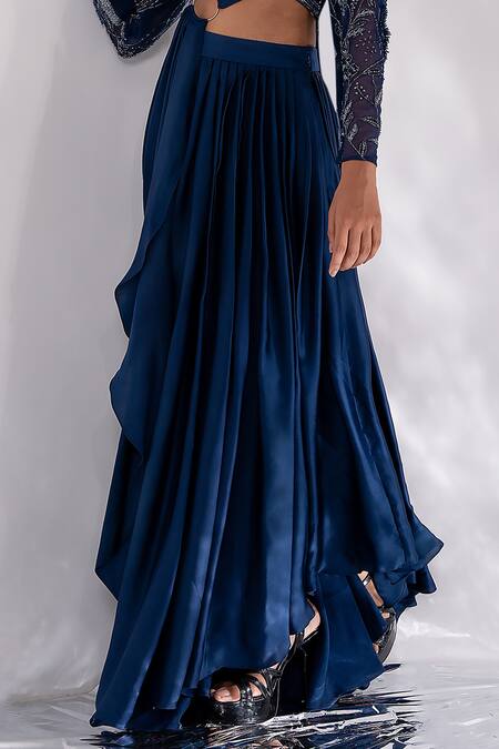 Buy PIRI INDIA Blue Satin, Tulle, Silk Sequins, Cut Amaya Lehenga Saree With Embroidered Blouse Buy_PIRI INDIA_Blue Satin, Tulle, Silk Sequins, Cut Amaya Lehenga Saree With Embroidered Blouse
