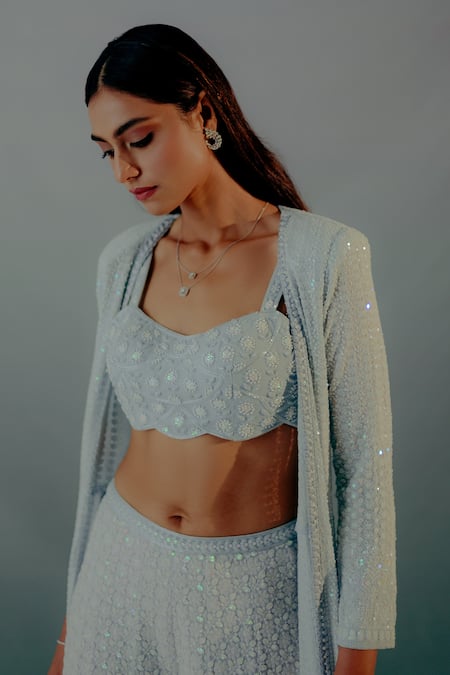 Aaryaa By Kashveen Kohli Sky Blue Georgette Pearls, Sequins Lucknowi Embroidered Cape Sharara Set at Aza Fashions Aaryaa By Kashveen Kohli_Sky Blue Georgette Pearls, Sequins Lucknowi Embroidered Cape Sharara Set _at_Aza_Fashions