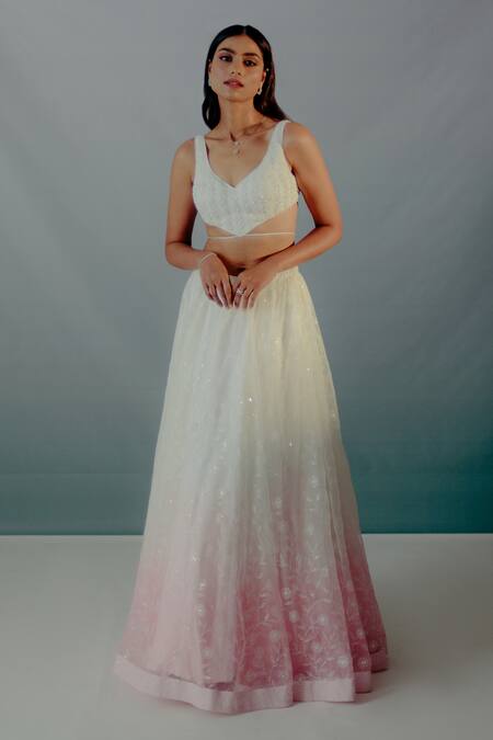 Aaryaa By Kashveen Kohli White Net, Organza Pearls Asymmetric Embroidered Ombre Lehenga Set Online at Aza Fashions Aaryaa By Kashveen Kohli_White Net, Organza Pearls Asymmetric Embroidered Ombre Lehenga Set _Online_at_Aza_Fashions
