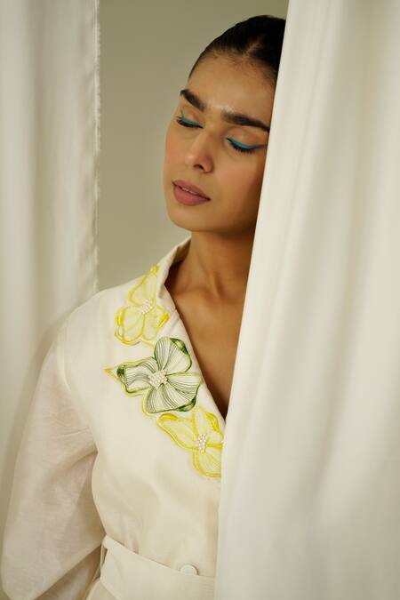 Shop Sakshi Khetterpal Ivory Chanderi Pearls, Beads, Embroidery, Lace Lapel Double Breasted Blazer Set Online at Aza Fashions Shop_Sakshi Khetterpal_Ivory Chanderi Pearls, Beads, Embroidery, Lace Lapel Double Breasted Blazer Set _Online_at_Aza_Fashions