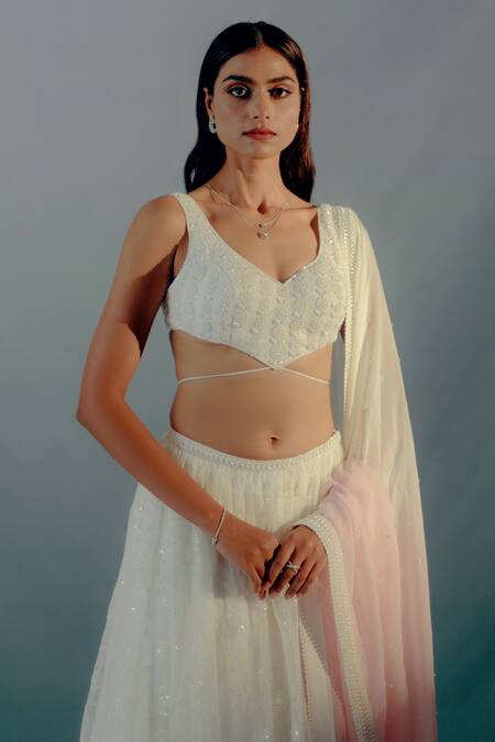 Buy Aaryaa By Kashveen Kohli White Net, Organza Pearls Asymmetric Embroidered Ombre Lehenga Set Online at Aza Fashions Buy_Aaryaa By Kashveen Kohli_White Net, Organza Pearls Asymmetric Embroidered Ombre Lehenga Set _Online_at_Aza_Fashions