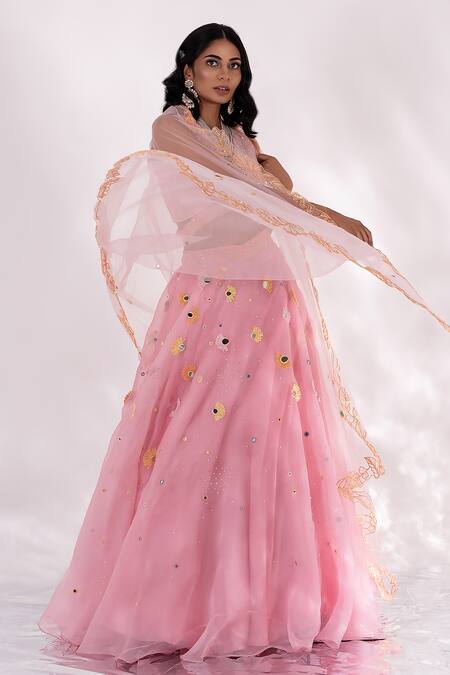 PIRI INDIA_Pink Organza, Chanderi, Tulle, Silk Aaina Placement Embroidered Lehenga Set _Online_at_Aza_Fashions