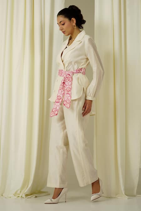 Buy_Sakshi Khetterpal_Ivory Chanderi Pearls, Beads, Embroidery Double Breasted Blazer Set _Online_at_Aza_Fashions