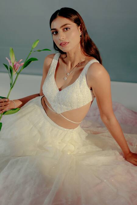 Shop Aaryaa By Kashveen Kohli White Net, Organza Pearls Asymmetric Embroidered Ombre Lehenga Set Online at Aza Fashions Shop_Aaryaa By Kashveen Kohli_White Net, Organza Pearls Asymmetric Embroidered Ombre Lehenga Set _Online_at_Aza_Fashions