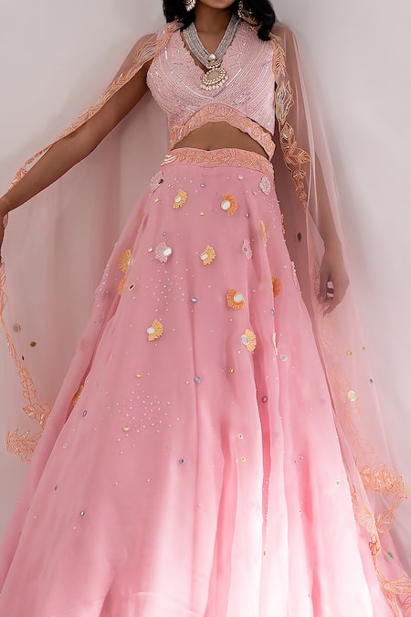PIRI INDIA_Pink Organza, Chanderi, Tulle, Silk Aaina Placement Embroidered Lehenga Set _at_Aza_Fashions