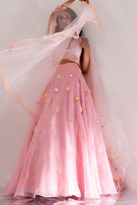 Buy_PIRI INDIA_Pink Organza, Chanderi, Tulle, Silk Aaina Placement Embroidered Lehenga Set _Online_at_Aza_Fashions
