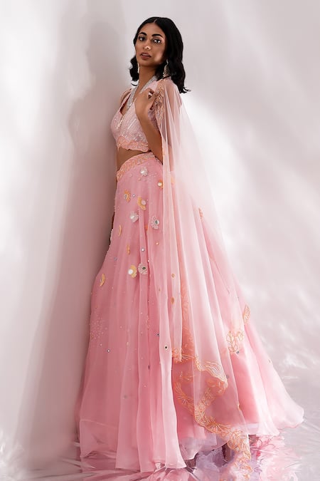 Shop_PIRI INDIA_Pink Organza, Chanderi, Tulle, Silk Aaina Placement Embroidered Lehenga Set _Online_at_Aza_Fashions