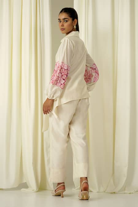Buy_Sakshi Khetterpal_Ivory Chanderi Pearls, Beads, Embroidery Puffed Sleeve Shirt And Pant Set _Online_at_Aza_Fashions