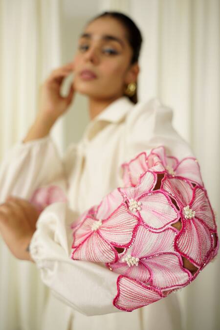 Sakshi Khetterpal_Ivory Chanderi Pearls, Beads, Embroidery Puffed Sleeve Shirt And Pant Set _at_Aza_Fashions