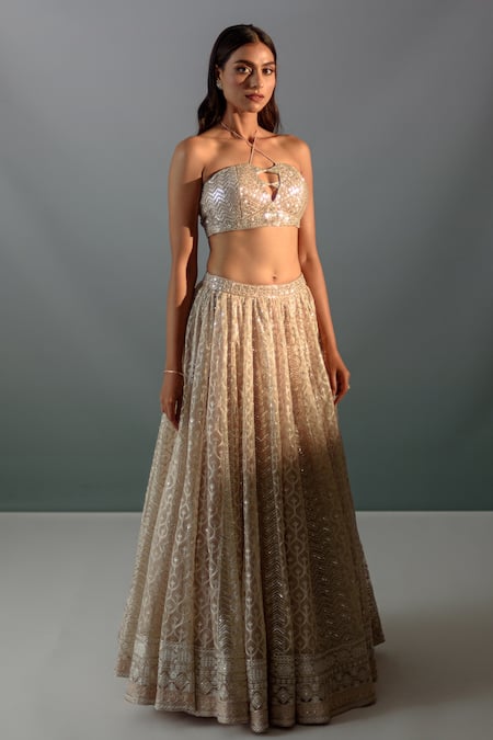 Aaryaa By Kashveen Kohli Beige Net, Organza Sequins, Gota Patti, Crystals Halter Embellished Lehenga Set Online at Aza Fashions Aaryaa By Kashveen Kohli_Beige Net, Organza Sequins, Gota Patti, Crystals Halter Embellished Lehenga Set _Online_at_Aza_Fashions