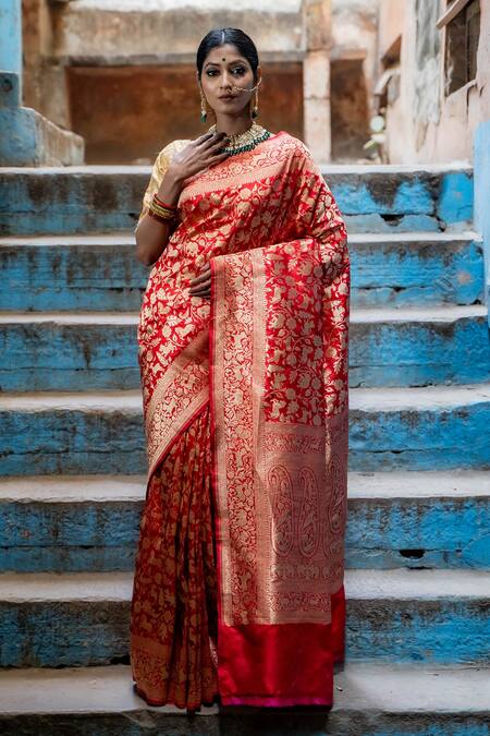 Shop_Taba Kashi By Artika Shah_Red Kota Doria Embroidery Handloom Shikargah Jaal Woven Saree _Online_at_Aza_Fashions