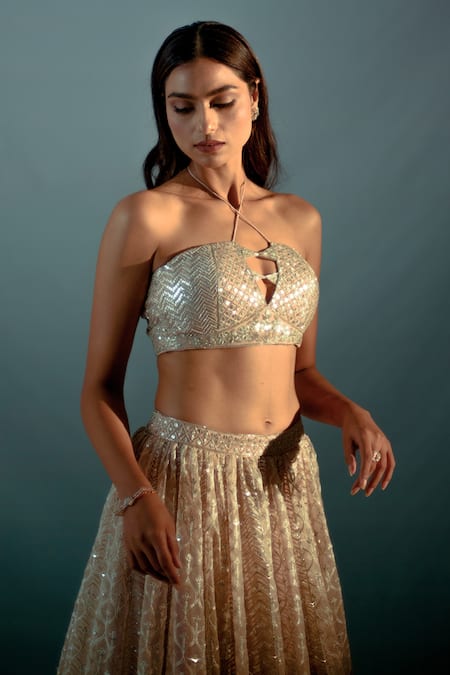 Buy Aaryaa By Kashveen Kohli Beige Net, Organza Sequins, Gota Patti, Crystals Halter Embellished Lehenga Set Online at Aza Fashions Buy_Aaryaa By Kashveen Kohli_Beige Net, Organza Sequins, Gota Patti, Crystals Halter Embellished Lehenga Set _Online_at_Aza_Fashions