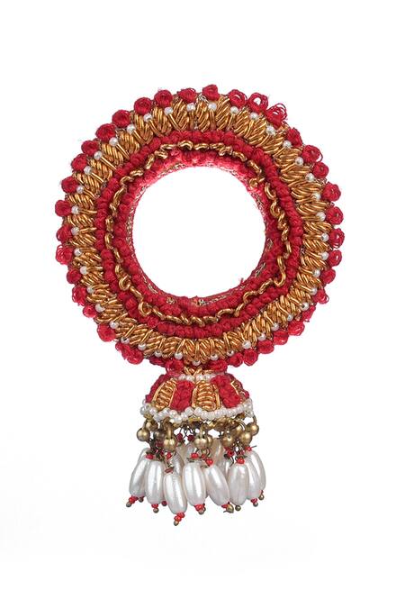 Kanyaadhan By Dhirajaayushi Red Beads Thread Embroidered Jhumkas Online at Aza Fashions Kanyaadhan By Dhirajaayushi_Red Beads Thread Embroidered Jhumkas _Online_at_Aza_Fashions