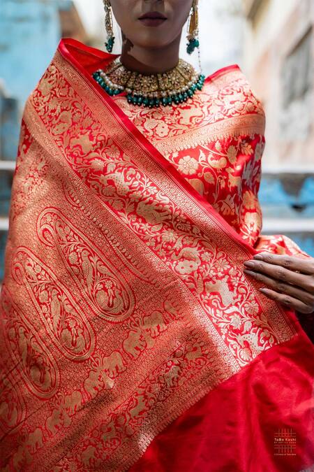 Taba Kashi By Artika Shah_Red Kota Doria Embroidery Handloom Shikargah Jaal Woven Saree _at_Aza_Fashions