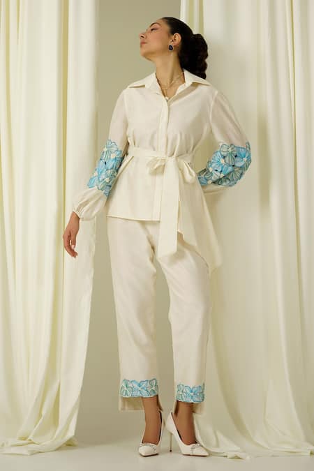 Buy_Sakshi Khetterpal_Ivory Chanderi Pearls, Beads, Embroidery Collared Sleeve Shirt And Pant Set _Online_at_Aza_Fashions
