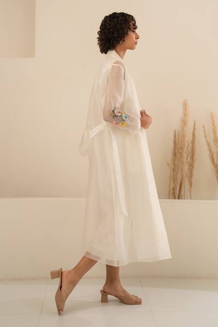 Arcvsh By Pallavi Singh Ivory Organza, Chanderi Embroidery Collared, Jacket With Stripe Pattern Dress Online at Aza Fashions Arcvsh By Pallavi Singh_Ivory Organza, Chanderi Embroidery Collared, Jacket With Stripe Pattern Dress _Online_at_Aza_Fashions