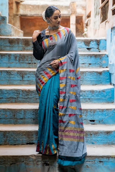 Buy_Taba Kashi By Artika Shah_Grey Hemp Cotton Woven Saree _Online_at_Aza_Fashions