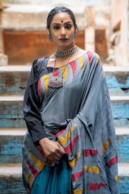 Shop_Taba Kashi By Artika Shah_Grey Hemp Cotton Woven Saree _Online_at_Aza_Fashions