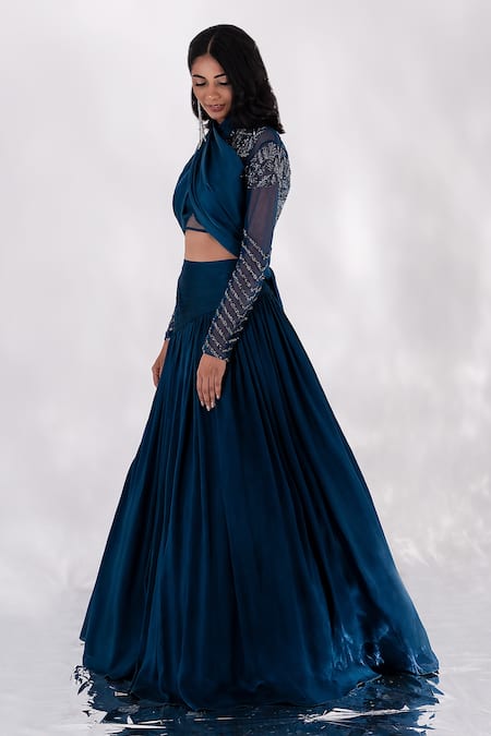 PIRI INDIA Green Silk, Satin, Tulle Sequins, Cut Work Midnight Draped Lehenga And Blouse Set Online at Aza Fashions PIRI INDIA_Green Silk, Satin, Tulle Sequins, Cut Work Midnight Draped Lehenga And Blouse Set _Online_at_Aza_Fashions