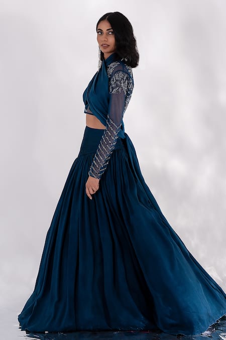 Buy PIRI INDIA Green Silk, Satin, Tulle Sequins, Cut Work Midnight Draped Lehenga And Blouse Set Online at Aza Fashions Buy_PIRI INDIA_Green Silk, Satin, Tulle Sequins, Cut Work Midnight Draped Lehenga And Blouse Set _Online_at_Aza_Fashions