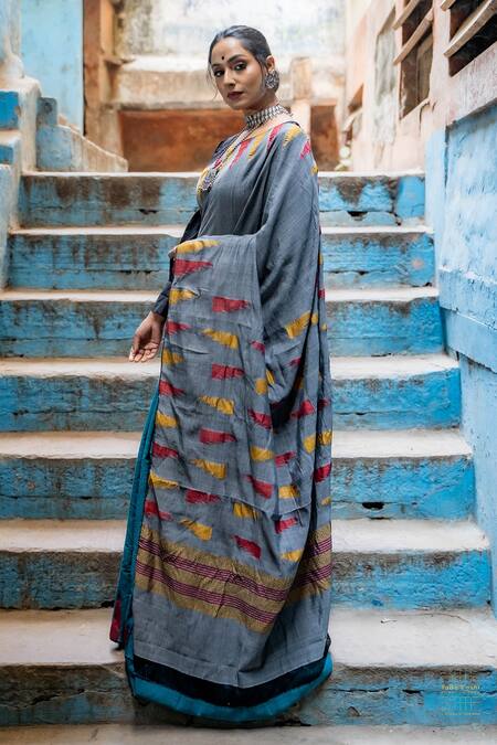 Taba Kashi By Artika Shah_Grey Hemp Cotton Woven Saree _at_Aza_Fashions