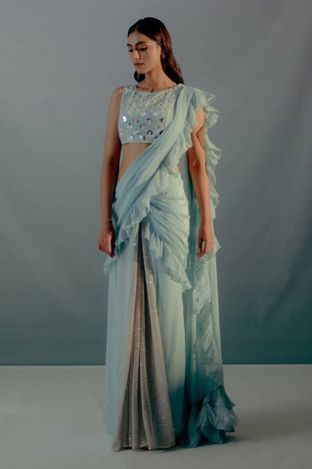 Aaryaa By Kashveen Kohli Sky Blue Organza, Net Beads, Ruffled Pre Draped Saree With Embellished Blouse Online at Aza Fashions Aaryaa By Kashveen Kohli_Sky Blue Organza, Net Beads, Ruffled Pre Draped Saree With Embellished Blouse _Online_at_Aza_Fashions