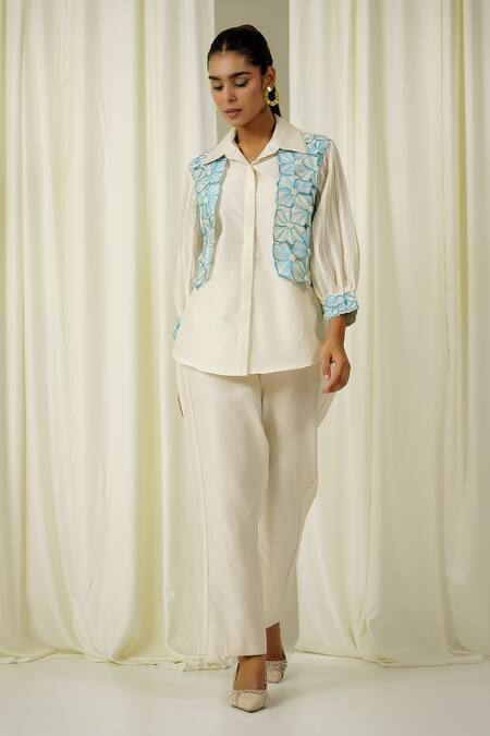Buy Sakshi Khetterpal Ivory Chanderi Beads, Pearls, Embroidery Collared Shirt And Pant Set Online at Aza Fashions Buy_Sakshi Khetterpal_Ivory Chanderi Beads, Pearls, Embroidery Collared Shirt And Pant Set _Online_at_Aza_Fashions