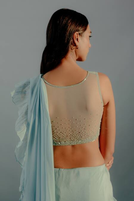 Shop Aaryaa By Kashveen Kohli Sky Blue Organza, Net Beads, Ruffled Pre Draped Saree With Embellished Blouse Online at Aza Fashions Shop_Aaryaa By Kashveen Kohli_Sky Blue Organza, Net Beads, Ruffled Pre Draped Saree With Embellished Blouse _Online_at_Aza_Fashions