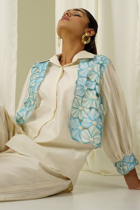 Shop Sakshi Khetterpal Ivory Chanderi Beads, Pearls, Embroidery Collared Shirt And Pant Set Online at Aza Fashions Shop_Sakshi Khetterpal_Ivory Chanderi Beads, Pearls, Embroidery Collared Shirt And Pant Set _Online_at_Aza_Fashions