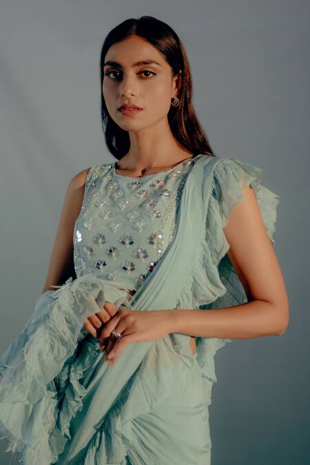 Aaryaa By Kashveen Kohli Sky Blue Organza, Net Beads, Ruffled Pre Draped Saree With Embellished Blouse at Aza Fashions Aaryaa By Kashveen Kohli_Sky Blue Organza, Net Beads, Ruffled Pre Draped Saree With Embellished Blouse _at_Aza_Fashions