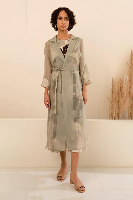 Buy Arcvsh By Pallavi Singh Grey Organza, Linen Fringe Collared Sheer Jacket With Floral Print Jumpsuit Online at Aza Fashions Buy_Arcvsh By Pallavi Singh_Grey Organza, Linen Fringe Collared Sheer Jacket With Floral Print Jumpsuit _Online_at_Aza_Fashions