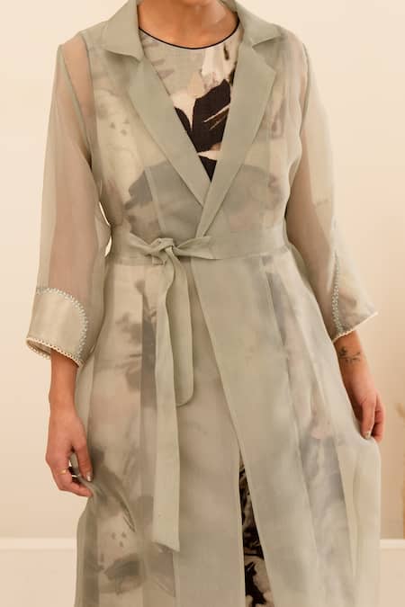 Shop Arcvsh By Pallavi Singh Grey Organza, Linen Fringe Collared Sheer Jacket With Floral Print Jumpsuit Online at Aza Fashions Shop_Arcvsh By Pallavi Singh_Grey Organza, Linen Fringe Collared Sheer Jacket With Floral Print Jumpsuit _Online_at_Aza_Fashions