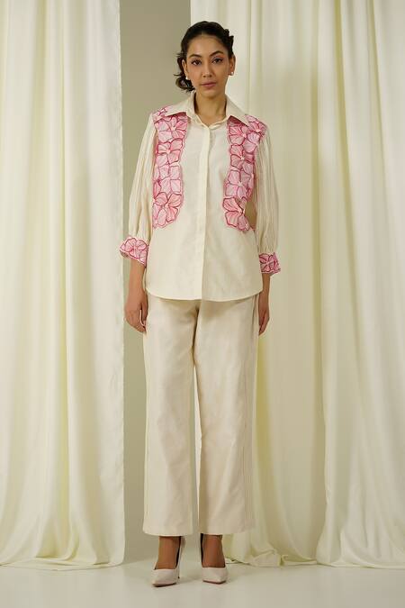 Buy Sakshi Khetterpal Ivory Chanderi Pearls, Beads, Embroidery Collared Sleeve Pant Set Online at Aza Fashions Buy_Sakshi Khetterpal_Ivory Chanderi Pearls, Beads, Embroidery Collared Sleeve Pant Set _Online_at_Aza_Fashions