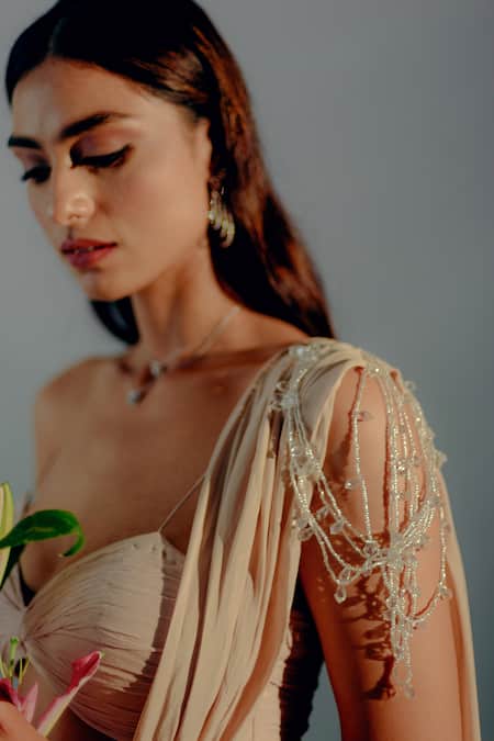 Buy_Aaryaa By Kashveen Kohli_Beige Crepe, Chiffon Crystals Sweetheart Tasselled Pre-draped Saree With Blouse _Online_at_Aza_Fashions
