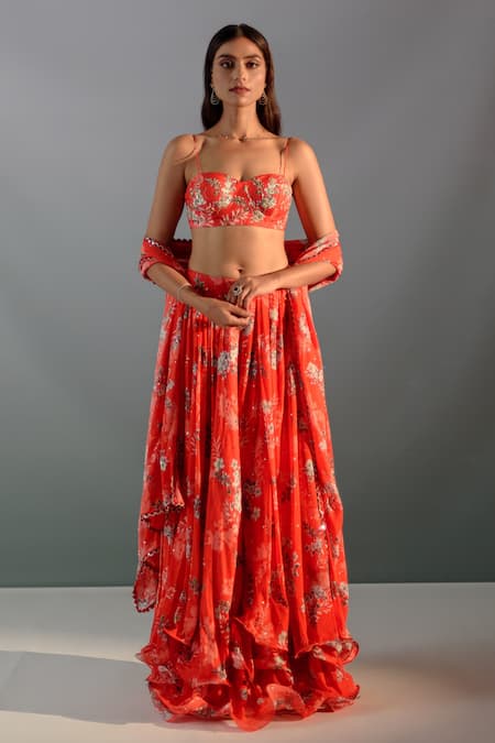Aaryaa By Kashveen Kohli_Red Silk, Georgette Embroidery, Sequins Floral Print Tiered Lehenga Set _Online_at_Aza_Fashions