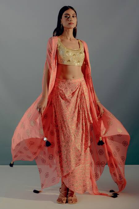 Aaryaa By Kashveen Kohli Coral Net, Crepe Mirrors, Foil Printing Round Neck Cape Skirt Set Online at Aza Fashions Aaryaa By Kashveen Kohli_Coral Net, Crepe Mirrors, Foil Printing Round Neck Cape Skirt Set _Online_at_Aza_Fashions