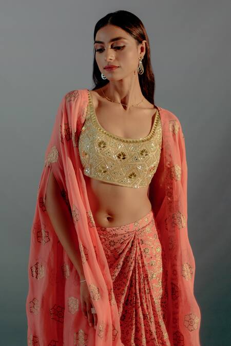 Buy Aaryaa By Kashveen Kohli Coral Net, Crepe Mirrors, Foil Printing Round Neck Cape Skirt Set Online at Aza Fashions Buy_Aaryaa By Kashveen Kohli_Coral Net, Crepe Mirrors, Foil Printing Round Neck Cape Skirt Set _Online_at_Aza_Fashions