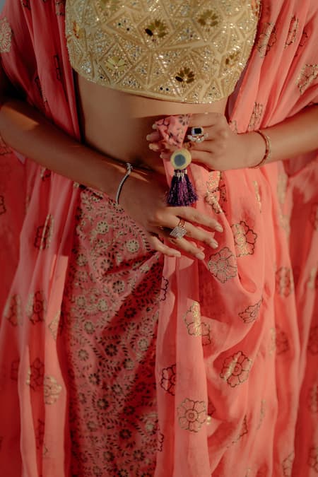 Shop Aaryaa By Kashveen Kohli Coral Net, Crepe Mirrors, Foil Printing Round Neck Cape Skirt Set Online at Aza Fashions Shop_Aaryaa By Kashveen Kohli_Coral Net, Crepe Mirrors, Foil Printing Round Neck Cape Skirt Set _Online_at_Aza_Fashions