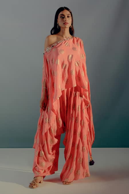Aaryaa By Kashveen Kohli_Coral Crepe Embroidery One Shoulder Foil Print Asymmetrical Top With Draped Pant _Online_at_Aza_Fashions
