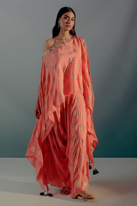 Buy_Aaryaa By Kashveen Kohli_Coral Crepe Embroidery One Shoulder Foil Print Asymmetrical Top With Draped Pant _Online_at_Aza_Fashions